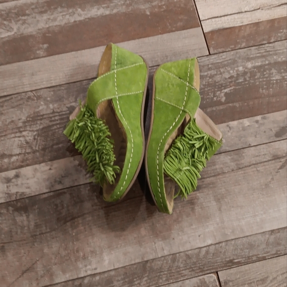 David Tate Green Leather Suede Fringe Buckle Wedge Sandals Shoes Size 6.5 WW - Picture 6 of 8